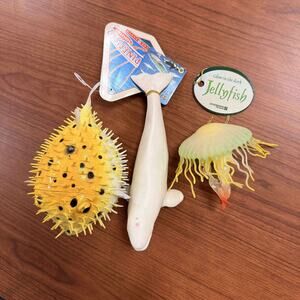 Vintage Sea Creature Toy Lot Glow Jellyfish Porcupinefish Whale Decor
